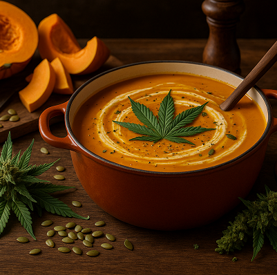 Preparation of cannabis-infused pumpkin soup for a cozy and enjoyable meal